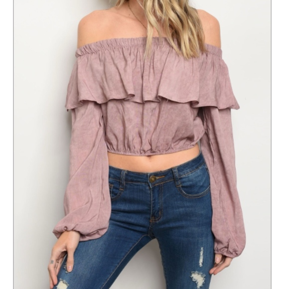 Tops - LAST 2: Mauve Off the Shoulder Crop top w Ruffle